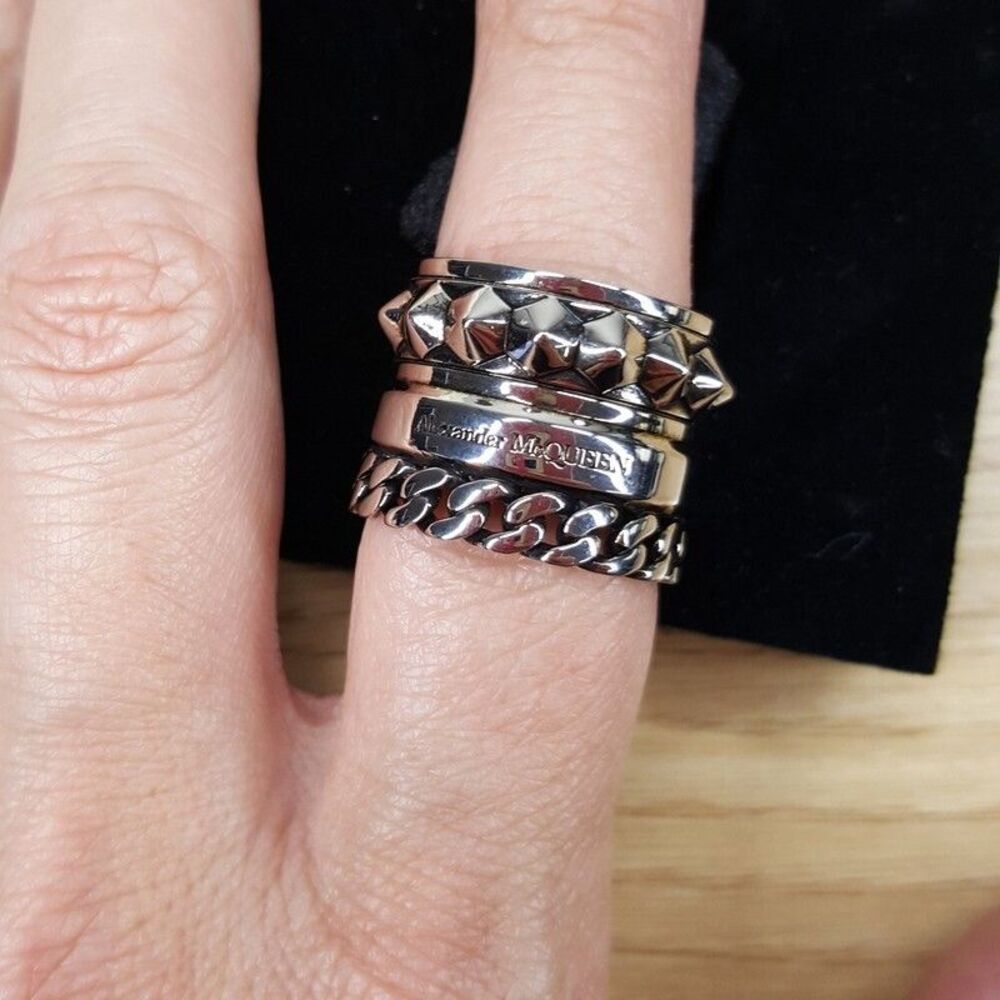 ALEXANDER MCQUEEN Jewelry Mens Size 9 / 19 Ring Punk Chain Stud Stacked $490
